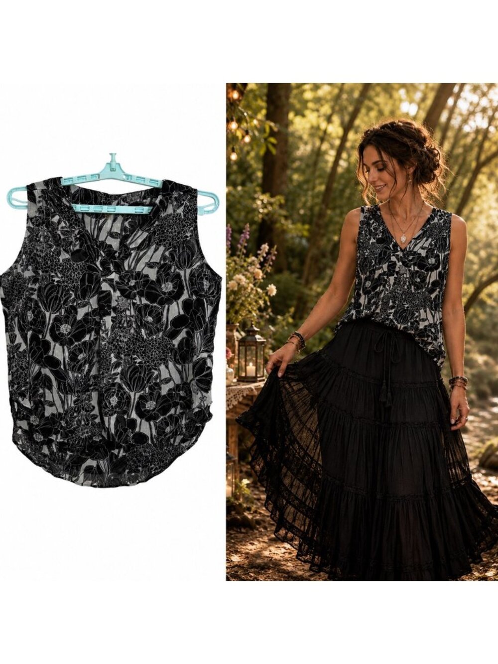 Tommy Hilfiger Womens Black White Dark Floral Lined Tank Blouse XL Fairy Whimsy